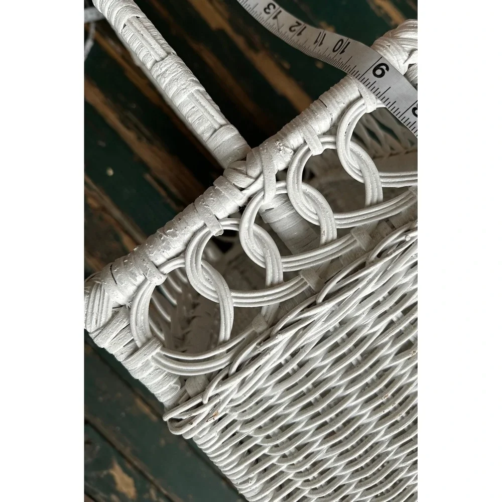 Vintage White Wicker Magazine Rack Basket Storage Handle Cottagecore Coastal